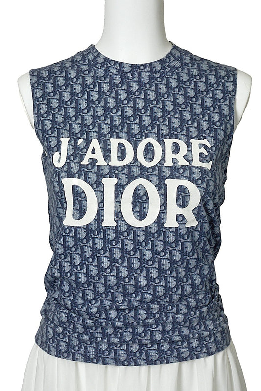 Dior T-Shirt, Sleeveless, Cut-and-Sew, Cotton, Blue, Silver-Tone Hardware, Pre-Owned - Vintage La Charme