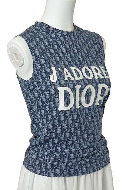 Dior T-Shirt, Sleeveless, Cut-and-Sew, Cotton, Blue, Silver-Tone Hardware, Pre-Owned - Vintage La Charme