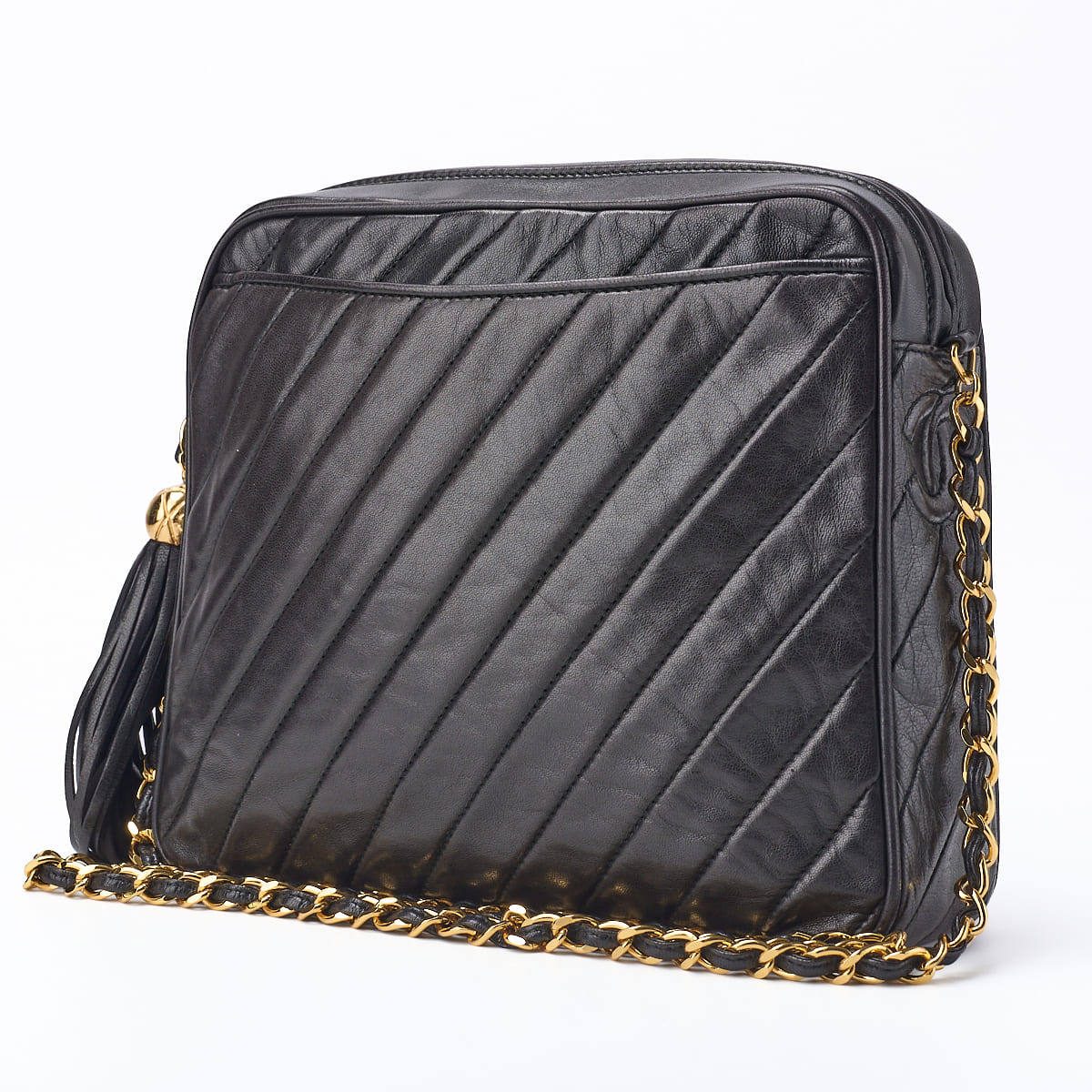 CHANEL Shoulder Bag, Bias Stitch, Coco Mark, Lambskin, Black, Gold-Tone Hardware, Pre-Owned - Vintage La Charme
