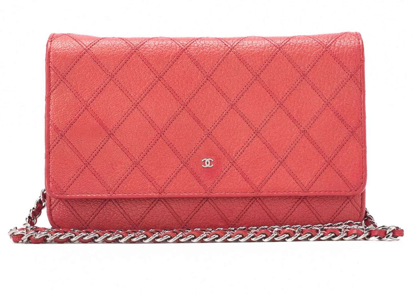 CHANEL バイカラー マトラッセ チェーンウォレット カーフスキン レッド シルバー金具, 中古品