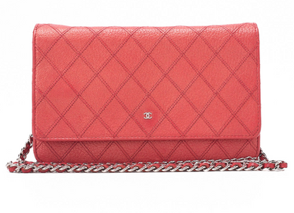 CHANEL バイカラー マトラッセ チェーンウォレット カーフスキン レッド シルバー金具, 中古品