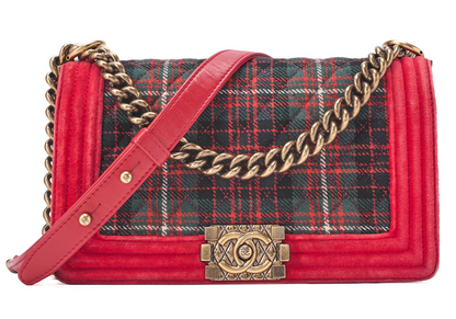 CHANEL ボーイシャネル マトラッセ チェーンショルダー コットン×ペロア レッド×マルチカラー ゴールド金具, 中古