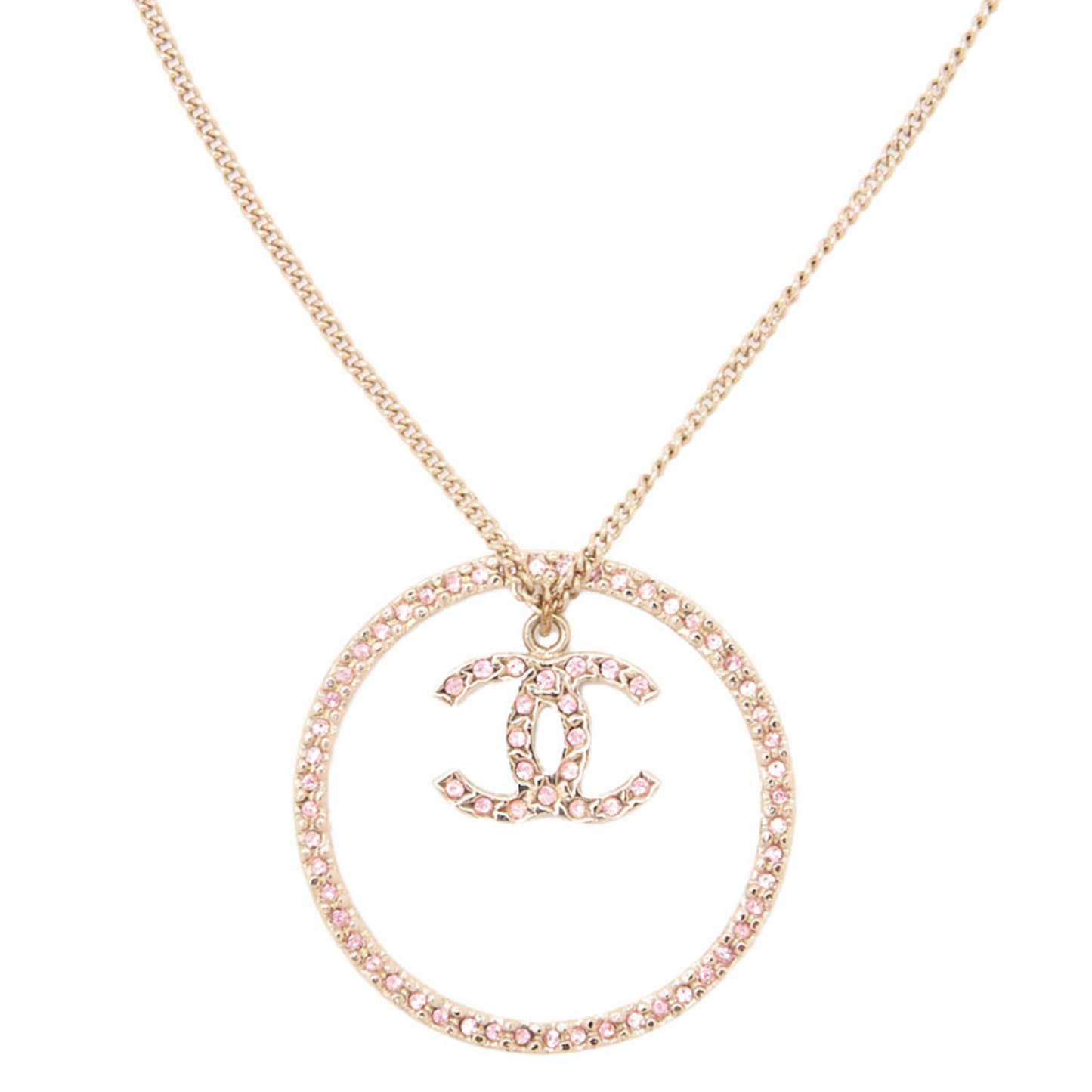 Chanel Necklace, Coco Mark Circle, Rhinestone, Gold Plated, Pink, Gold-Tone Hardware, Pre-Owned