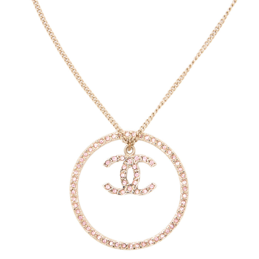 Chanel Necklace, Coco Mark Circle, Rhinestone, Gold Plated, Pink, Gold-Tone Hardware, Pre-Owned