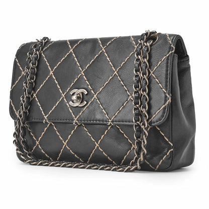 CHANEL Shoulder Bag, Matelasse Wild Stitch Turn Lock, Calfskin, Black, Silver-Tone Hardware, Pre-Owned - Vintage La Charme