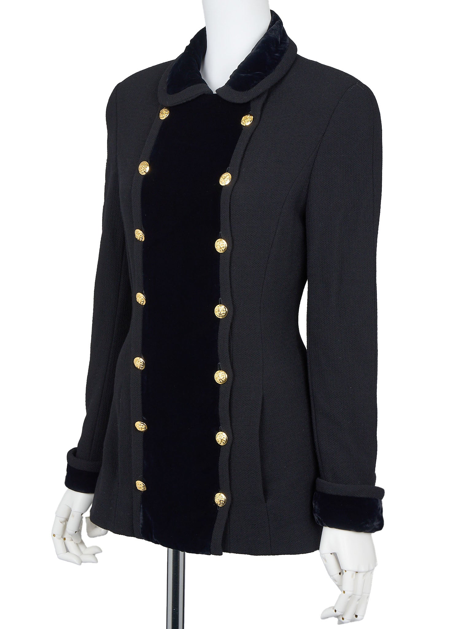 CHANEL Outerwear Coat, Coco Button, Tweed Velvet, Black, Gold-Tone Hardware, Pre-Owned - Vintage La Charme