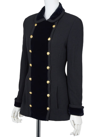 CHANEL Outerwear Coat, Coco Button, Tweed Velvet, Black, Gold-Tone Hardware, Pre-Owned - Vintage La Charme