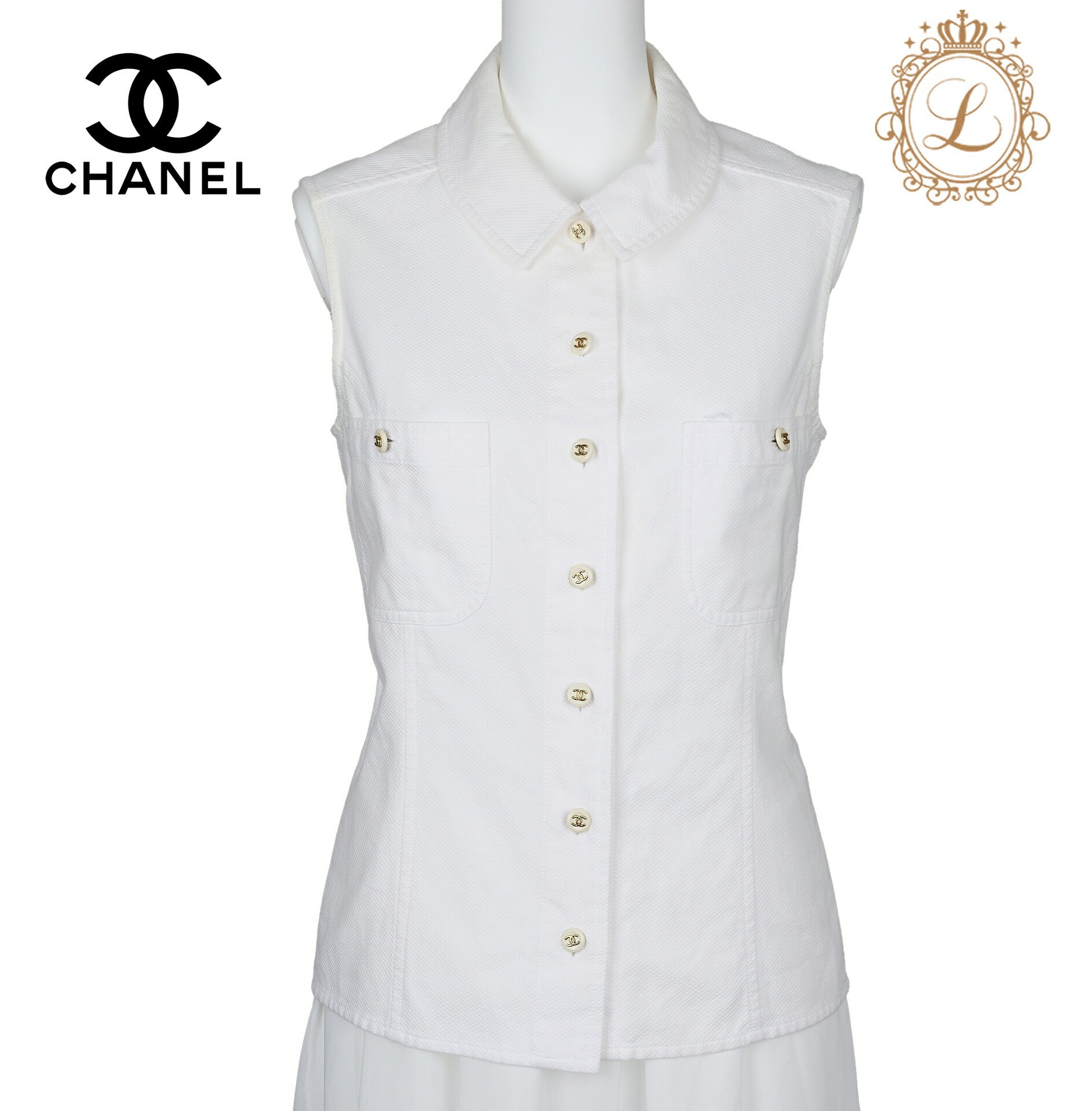 CHANEL Sleeveless Shirt, Collared, Cotton, White, Silver-Tone Hardware, Pre-Owned - Vintage La Charme