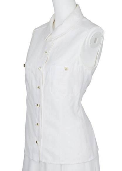 CHANEL Sleeveless Shirt, Collared, Cotton, White, Silver-Tone Hardware, Pre-Owned - Vintage La Charme