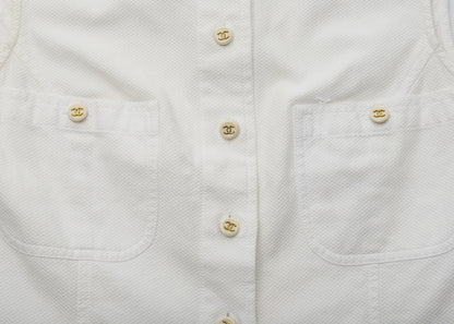 CHANEL Sleeveless Shirt, Collared, Cotton, White, Silver-Tone Hardware, Pre-Owned - Vintage La Charme