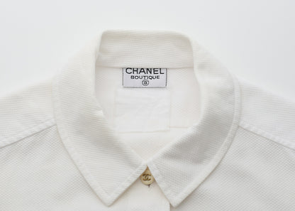 CHANEL Sleeveless Shirt, Collared, Cotton, White, Silver-Tone Hardware, Pre-Owned - Vintage La Charme
