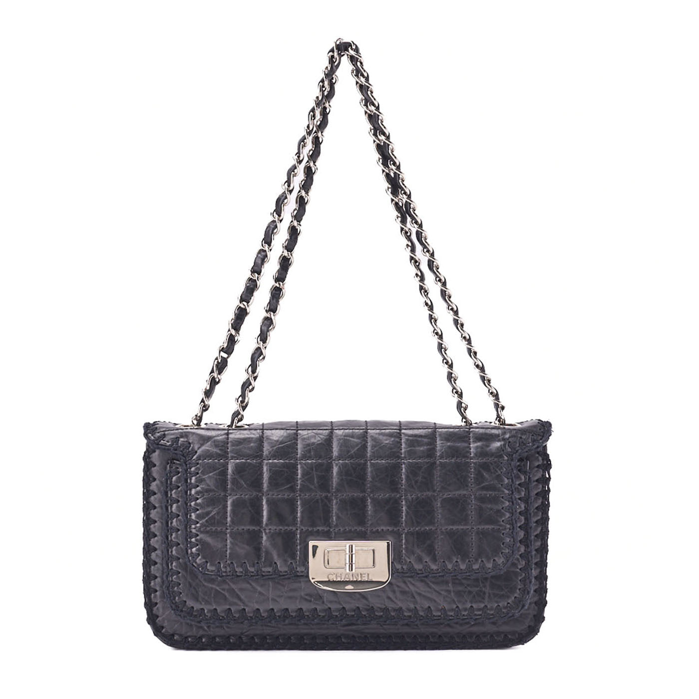 CHANEL Shoulder Bag Chocolate Bar Turnlock Vintage Calf Black Silver-Tone Hardware, Pre-Owned