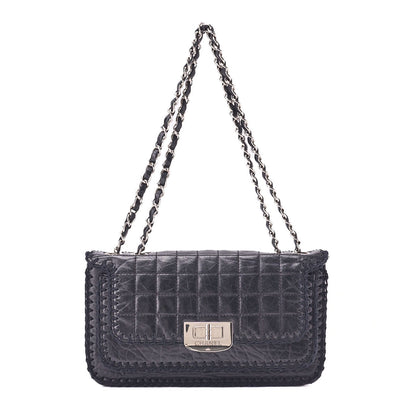 CHANEL Shoulder Bag Chocolate Bar Turnlock Vintage Calf Black Silver-Tone Hardware, Pre-Owned