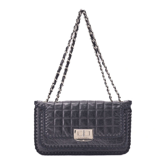 CHANEL Shoulder Bag Chocolate Bar Turnlock Vintage Calf Black Silver-Tone Hardware, Pre-Owned