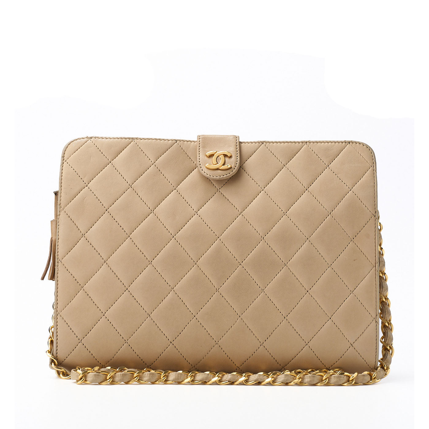 CHANEL Shoulder Bag Matelasse Push Lock Chain Shoulder Lambskin Beige Gold-Tone Hardware Pre-Owned