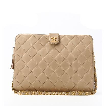 CHANEL Shoulder Bag Matelasse Push Lock Chain Shoulder Lambskin Beige Gold-Tone Hardware Pre-Owned