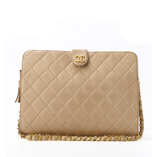 CHANEL Shoulder Bag Matelasse Push Lock Chain Shoulder Lambskin Beige Gold-Tone Hardware Pre-Owned