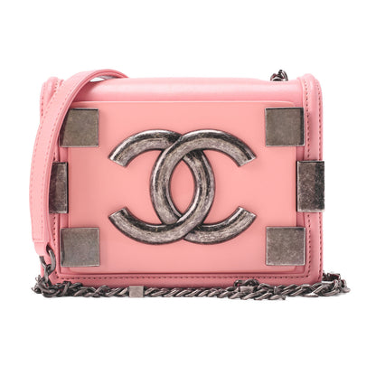シャネル チェーンショルダー ビッグココ プッシュロック ラムスキン x プラスチック ピンク シルバー金具 中古品