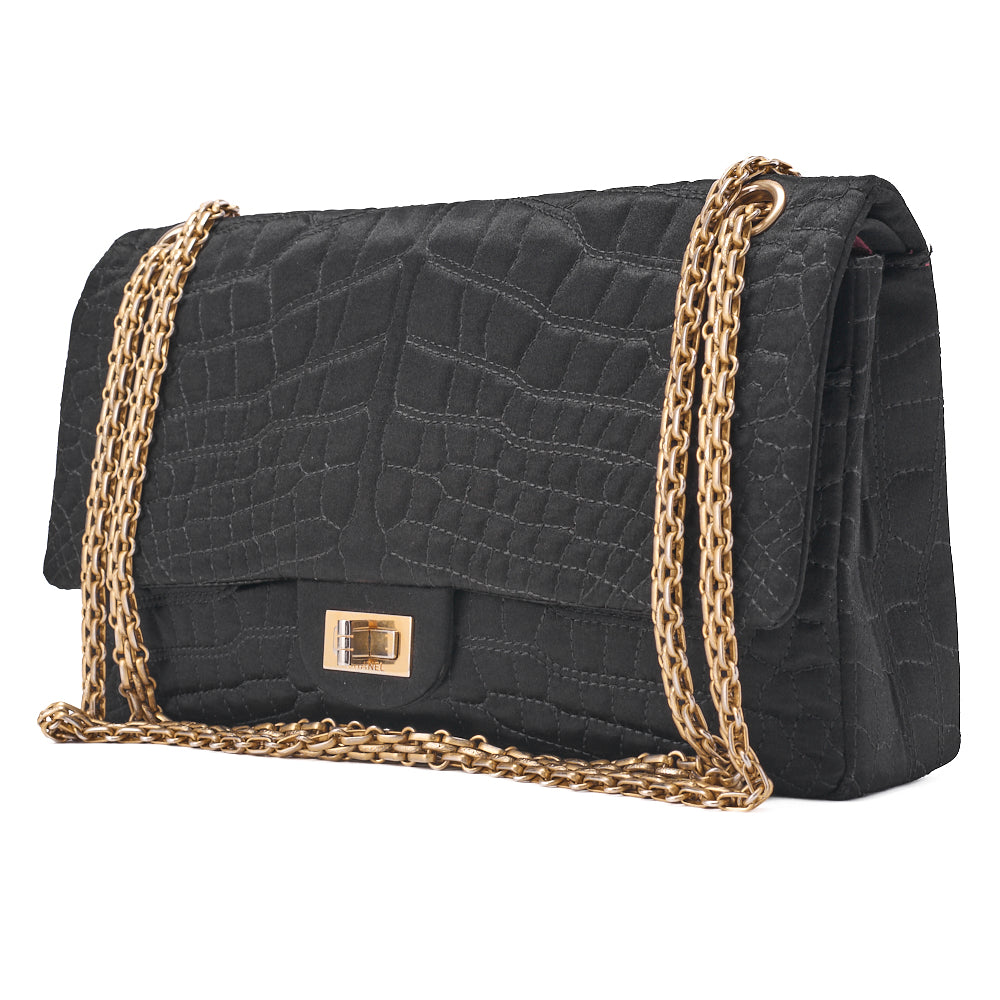 CHANEL Shoulder Bag Single Flap 2.55 Lock Satin Large Size Black Gold-Tone Hardware, Pre-Owned