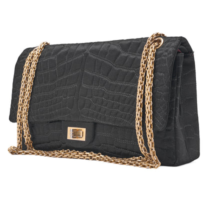 CHANEL Shoulder Bag Single Flap 2.55 Lock Satin Large Size Black Gold-Tone Hardware, Pre-Owned