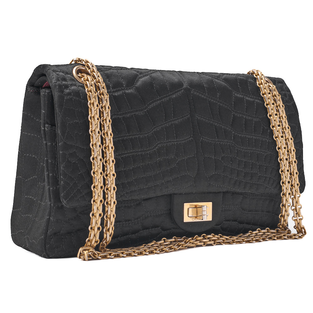 CHANEL Shoulder Bag Single Flap 2.55 Lock Satin Large Size Black Gold-Tone Hardware, Pre-Owned