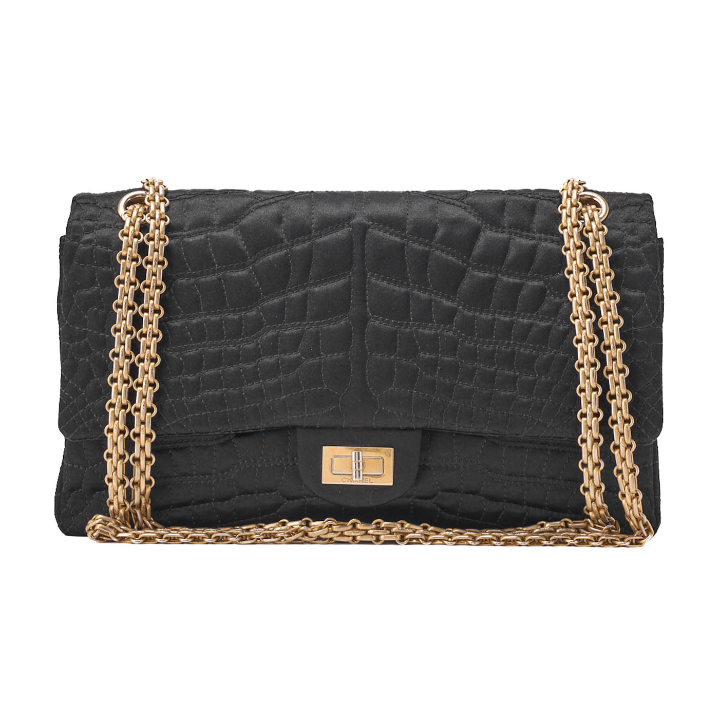 CHANEL Shoulder Bag Single Flap 2.55 Lock Satin Large Size Black Gold-Tone Hardware, Pre-Owned