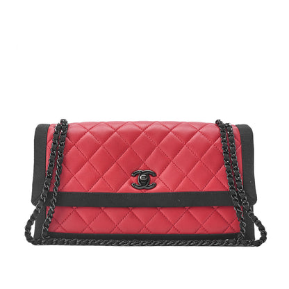 CHANEL Shoulder Bag Mini Matelasse Chain Shoulder Lambskin Nylon Red Gold-Tone Hardware Pre-Owned