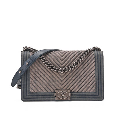 CHANEL Boy Chanel V Stitch Chain Shoulder Denim Large Size Blue Silver-Tone Hardware, Pre-Owned