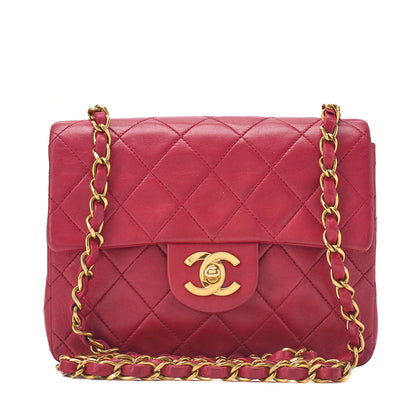 Chanel Shoulder Bag Mini Matelasse Lambskin Red Gold-Tone Hardware Pre-Owned