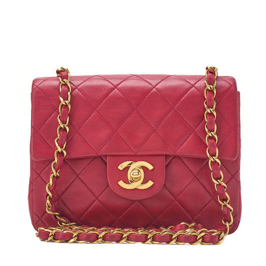Chanel Shoulder Bag Mini Matelasse Lambskin Red Gold-Tone Hardware Pre-Owned
