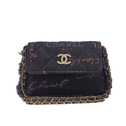 CHANEL Shoulder Bag Mini Matelasse Denim Black Gold-Tone Hardware Pre-Owned