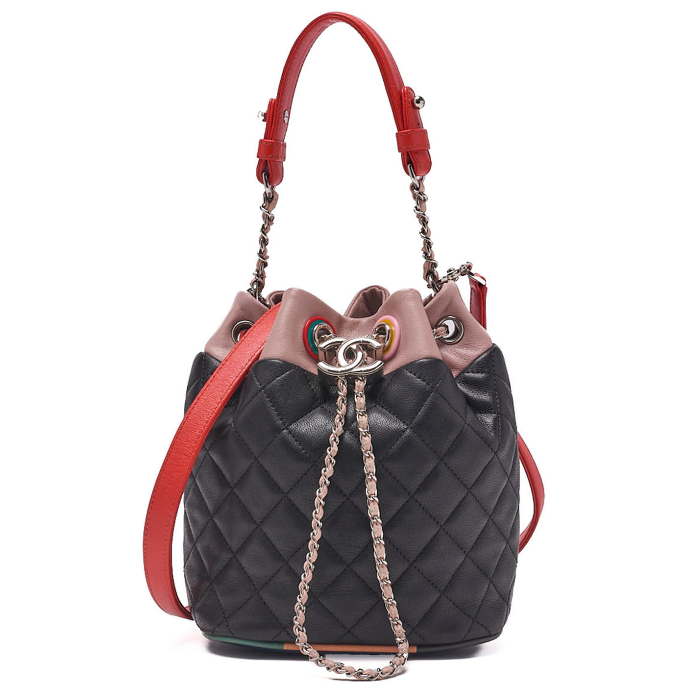 CHANEL Coco Mark Circle Coco Drawstring Shoulder Bag Lambskin White Gold-Tone Hardware, Pre-Owned