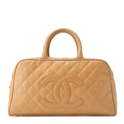 CHANEL Handbag Boston Bag Caviar Skin Matelassé Coco Mark Beige Gold-Tone Hardware, Pre-Owned
