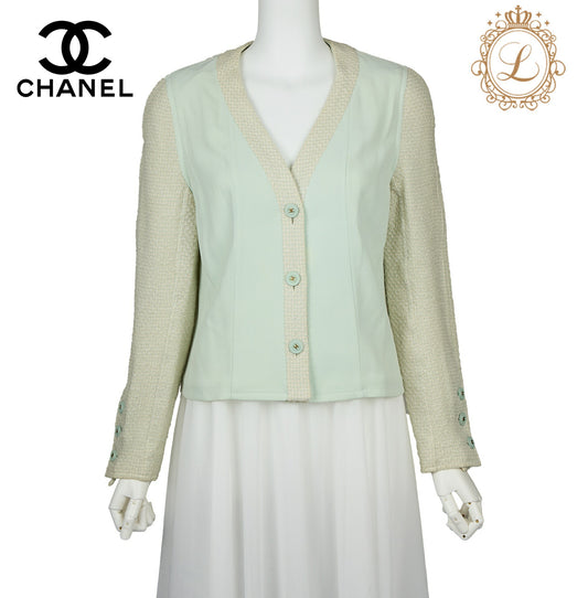 CHANEL Jacket, Coco Button, Tweed, Linen Wool Cotton, Light Green, Silver-Tone Hardware, Pre-Owned - Vintage La Charme