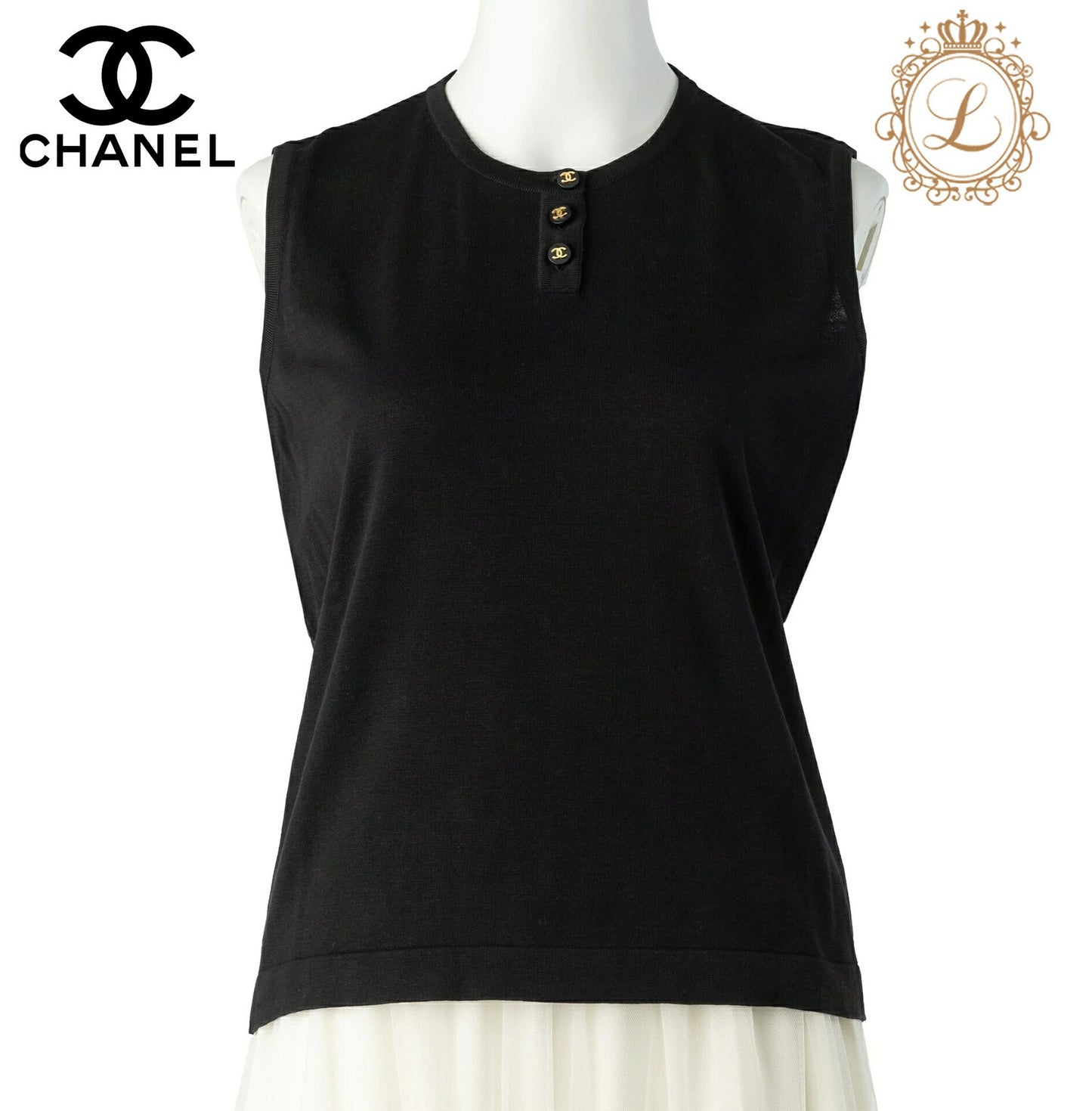 CHANEL Sleeveless Top, Coco Button, Cut and Sewn, Cotton, Black, Gold-Tone Hardware, Pre-Owned - Vintage La Charme