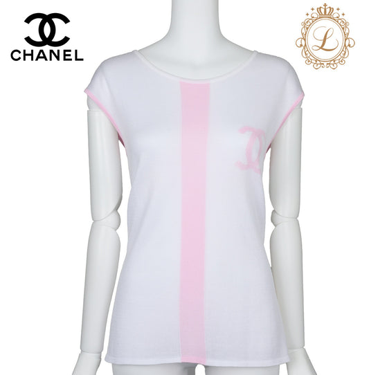 CHANEL T-Shirt, Sleeveless, Cut-and-Sew, Cotton, White, Gold-Tone Hardware, Pre-Owned - Vintage La Charme
