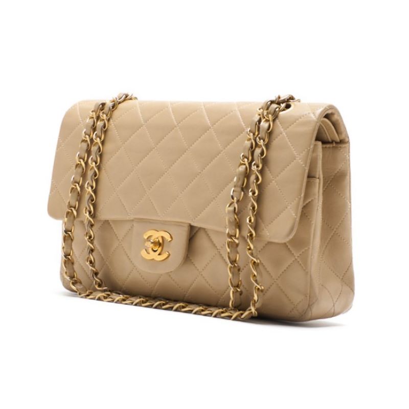 CHANEL Shoulder Bag Matelasse Double Flap Chain Shoulder Lambskin Beige Gold-Tone Hardware Pre-Owned - Vintage La Charme