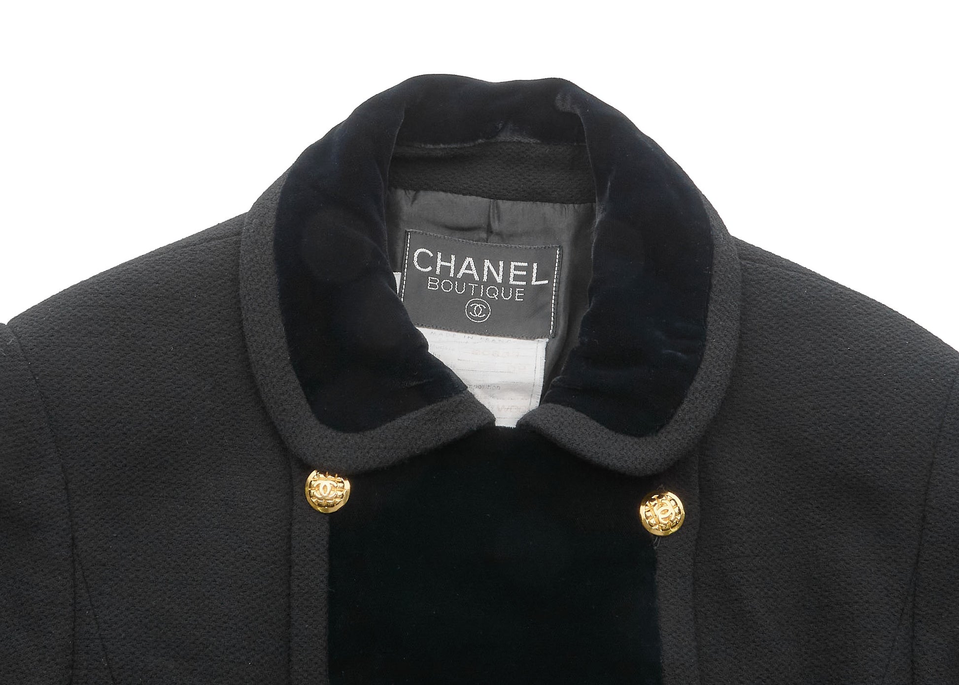 CHANEL Outerwear Coat, Coco Button, Tweed Velvet, Black, Gold-Tone Hardware, Pre-Owned - Vintage La Charme