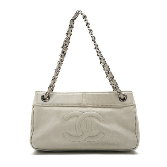 CHANEL Shoulder Bag, Coco Mark, Chain Shoulder, Caviar Skin, White, Silver-Tone Hardware, Pre-Owned - Vintage La Charme