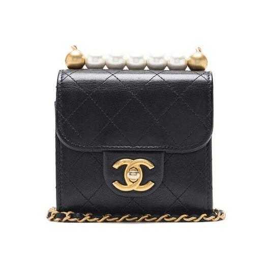 CHANEL Mini Shoulder Bag Matelasse Pearl Chain Lambskin Black Gold-Tone Hardware Pre-Owned - Vintage La Charme