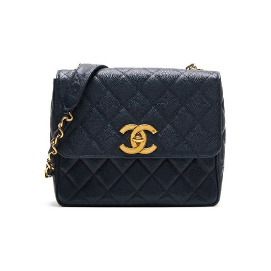 CHANEL Shoulder Bag Matelasse Deca Coco Square Type Chain Shoulder Caviar Skin Navy Gold-Tone Hardware Pre-Owned - Vintage La Charme