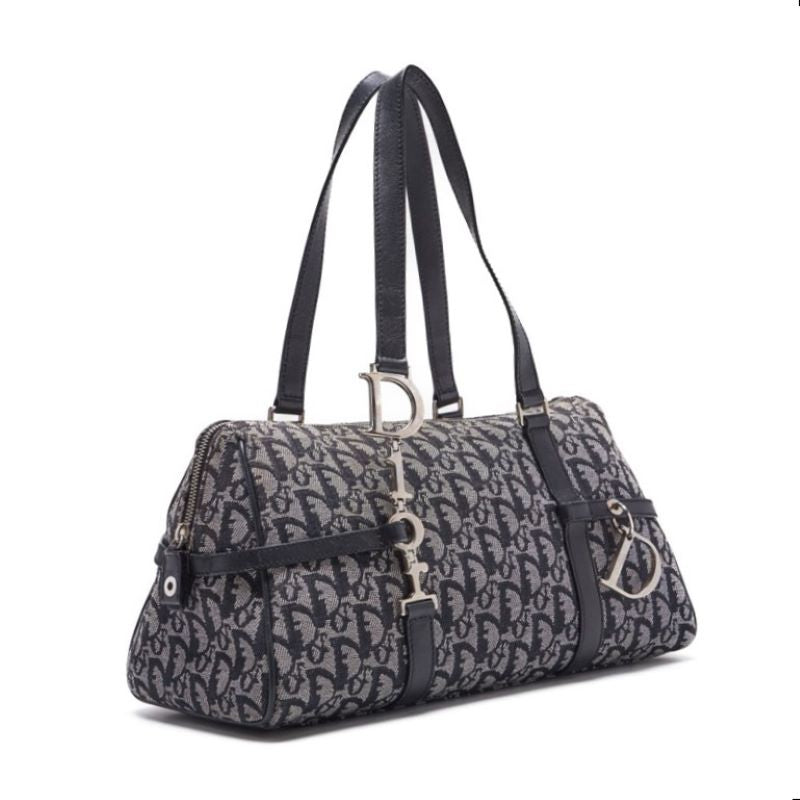 Dior Trotter D Charm Handbag, Canvas, Navy, Silver-Tone Hardware, Pre-Owned - Vintage La Charme