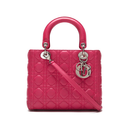 Dior Lady Dior Cannage 2WAY Handbag Lambskin Pink Silver-Tone Hardware Pre-Owned - Vintage La Charme
