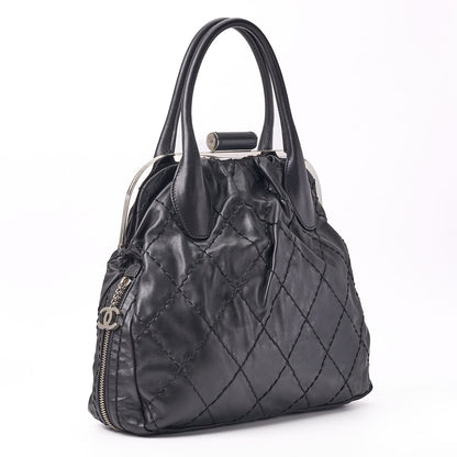 CHANEL Tote Bag Gamaguchi Wild Stitch Calf Leather Black Silver-Tone Hardware Pre-Owned - Vintage La Charme