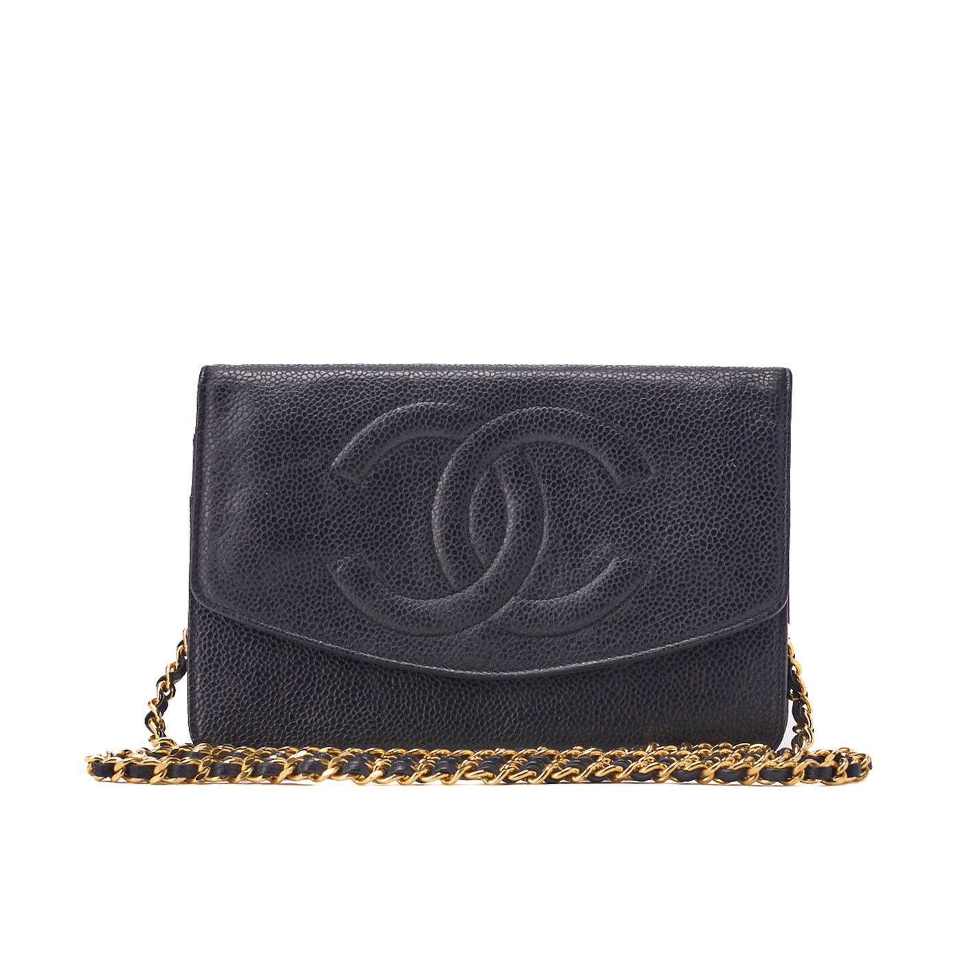 CHANEL Shoulder Bag Chain Wallet Caviar Skin Black Silver-Tone Hardware, Pre-Owned