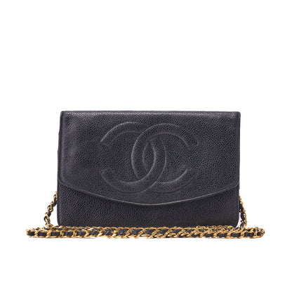 CHANEL Shoulder Bag Chain Wallet Caviar Skin Black Silver-Tone Hardware, Pre-Owned