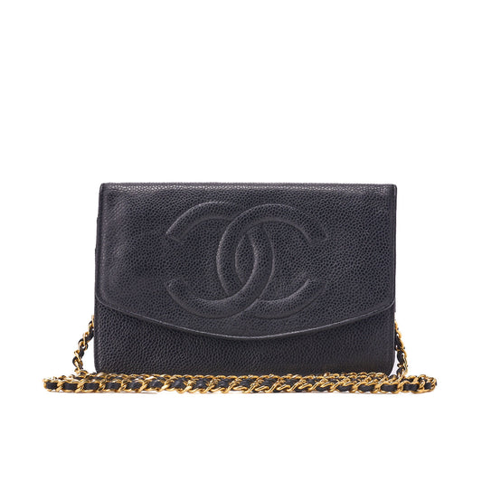 CHANEL Shoulder Bag Chain Wallet Caviar Skin Black Silver-Tone Hardware, Pre-Owned
