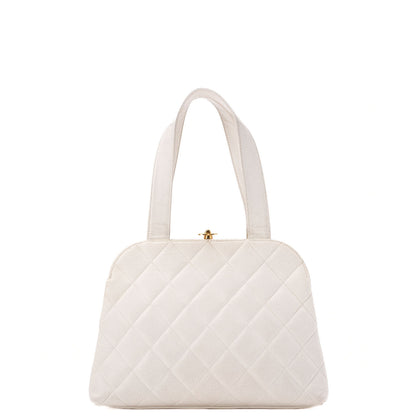 CHANEL Handbag Matelassé Mouth Coco Mark Caviar Skin White Gold-Tone Hardware, Pre-Owned