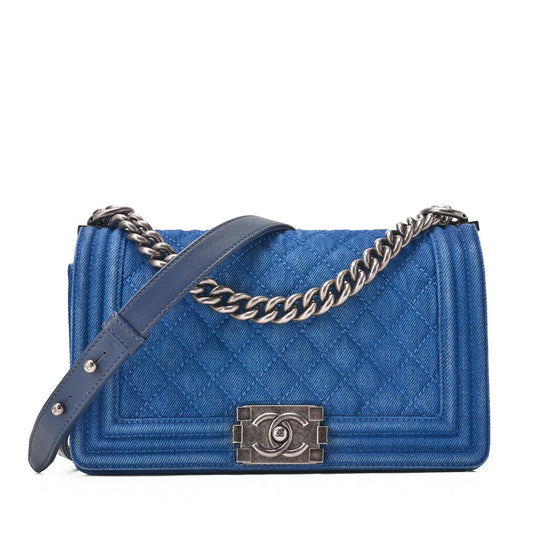 CHANEL Shoulder Bag, Boy Chanel, Matelasse, Denim, Blue, Silver-Tone Hardware, Pre-Owned