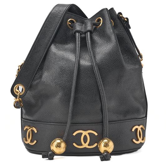 CHANEL Chain Shoulder Bag Caviar Ski Triple Coco Drawstring Ball Charm Black Gold-Tone Hardware, Pre-Owned